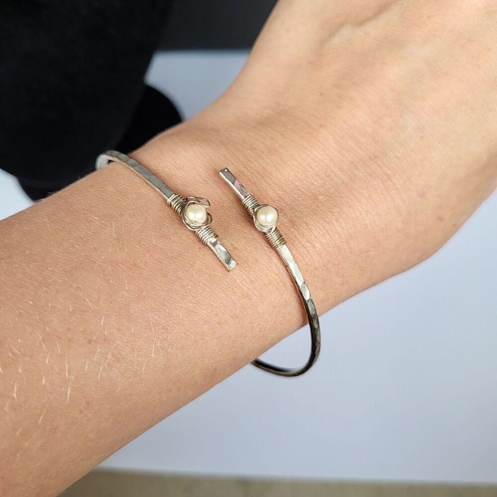 Artisan Hammered Silver Bangle Bracelet with Pearls 8.4"